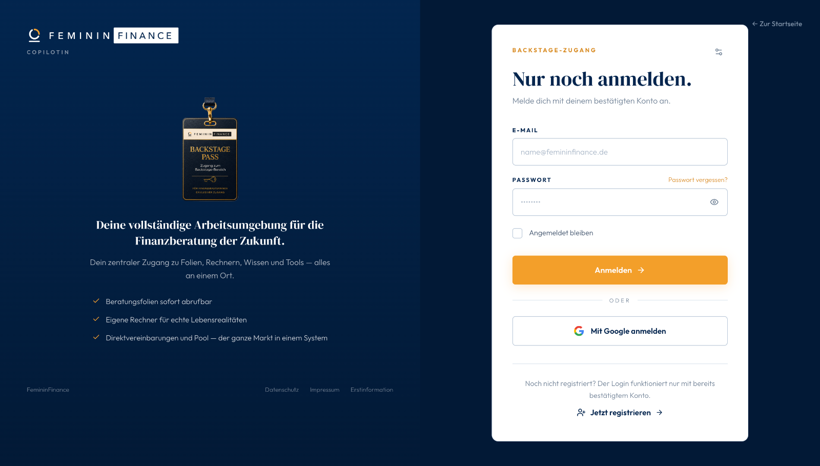 Bildschirmansicht der Copilotin-Anmeldeseite